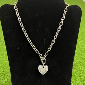 Silver Tone Heart Charm Toggle Necklace Pavé Rhinestone Pendant Necklace